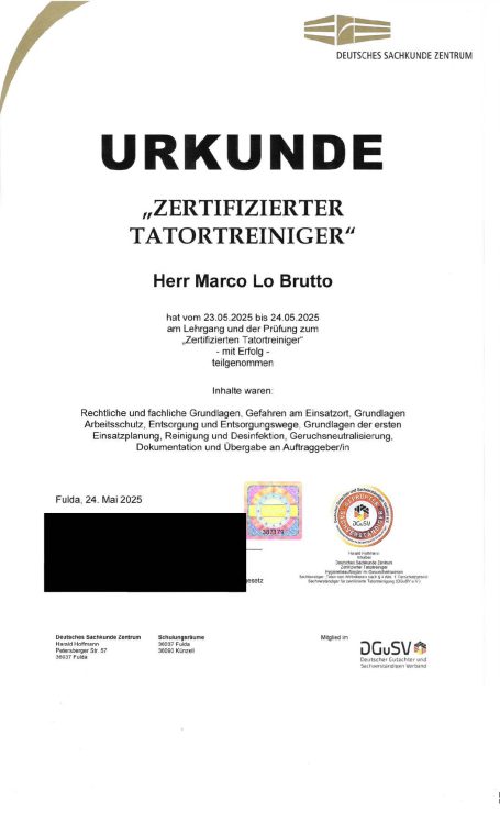 Zertifikat Tatortreinigung
